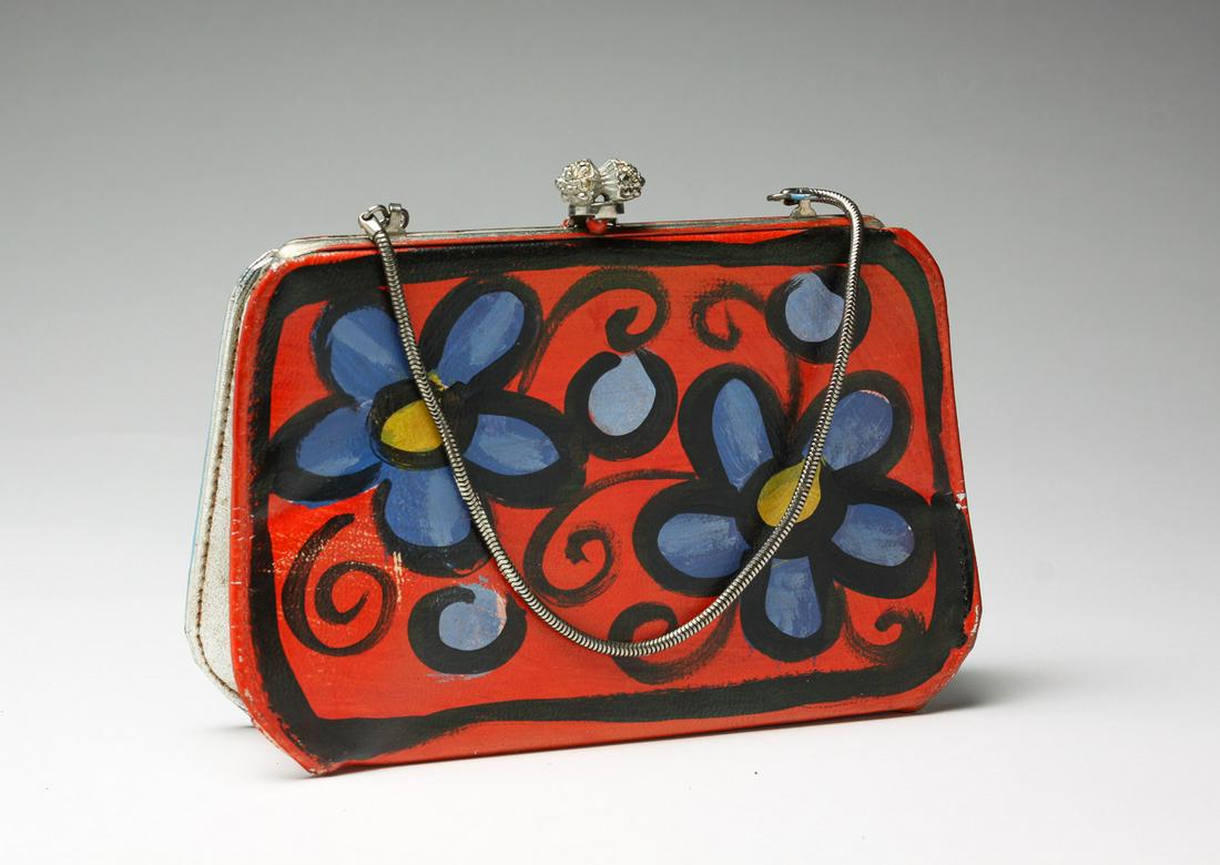 HUGO PORCARO PAINTED HANDBAG.: American, dated 2003. Painted evening bag with flowers and hearts. 5.25"h. 7"w.