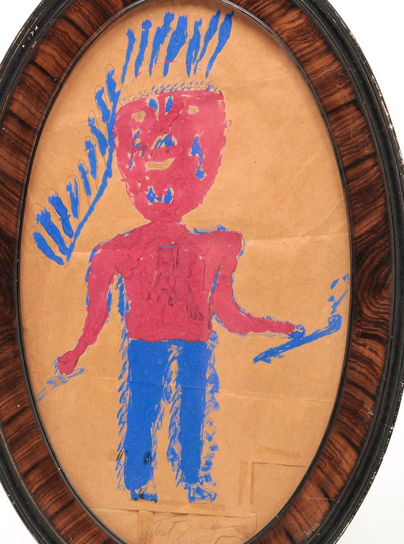 FRAMED OUTSIDER ART PAINTING.: American, late 20th century. Tempera on paper. Native American with headdress and holding a pipe. Water damage, edge wear to frame. 22.5"h. 14.75"w.