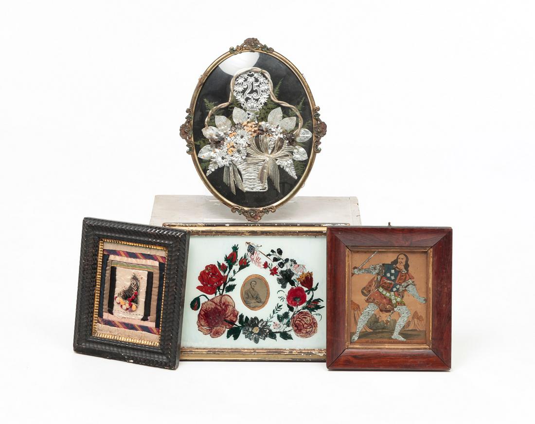 FOUR FRAMED PIECES INCLUDING TINSEL PICTURES. (1 of 6)