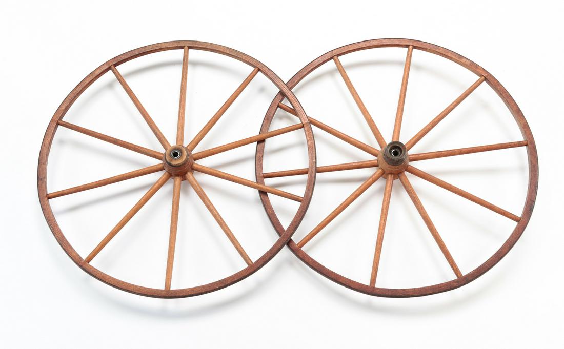 TWO AMERICAN GOAT CART WHEELS. (1 of 3)