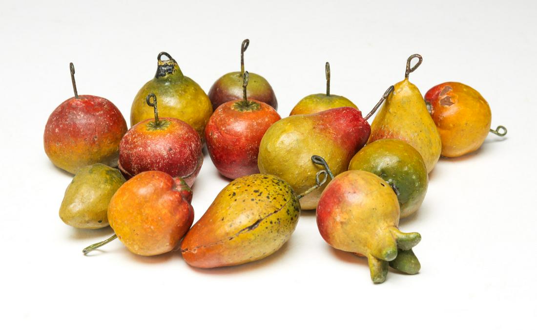 FRUIT CHRISTMAS TREE ORNAMENTS.: European, 20th century. Fourteen ceramic fruit shaped ornaments. Varying wear and repairs. 1.5"h.