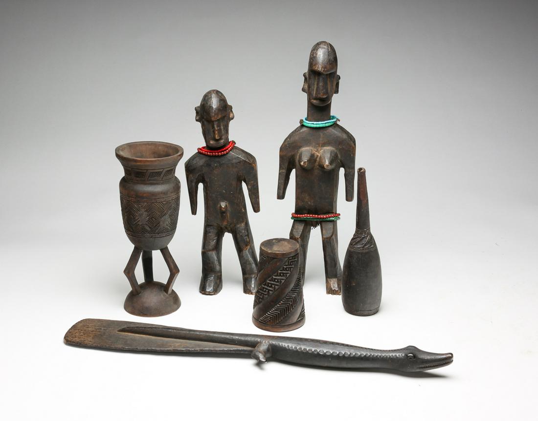 GROUP OF CARVED FIGURES, PADDLE AND CUPS. (1 of 5)