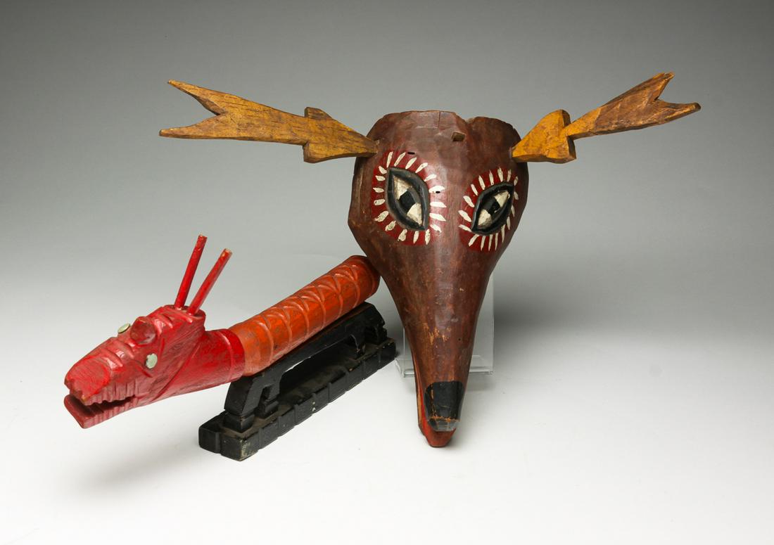 FOLK ART WOODEN DEER MASK AND ANIMAL. (1 of 3)
