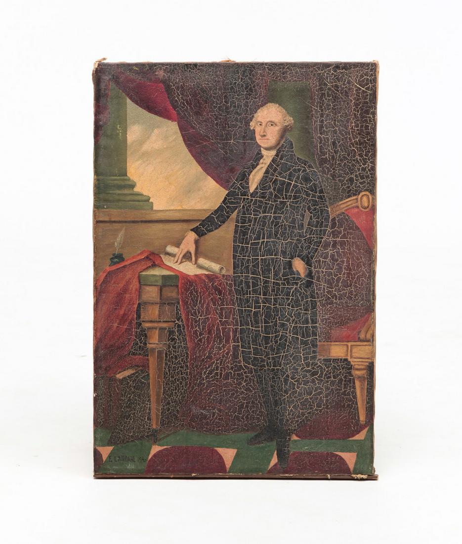 AMERICAN OIL ON CANVAS OF WASHINGTON BY LANDAHL.: Dated 1943. Based on the Gilbert Stuart full length portrait. Heavy crazing. 22.25"h. 15"w.