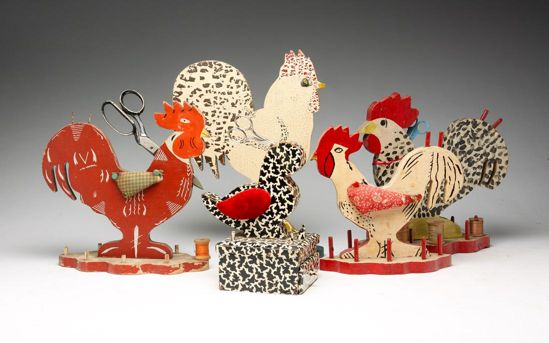 FIVE ROOSTER AND BIRD CUT OUTS AND SPOOL CADDIES. (1 of 5)