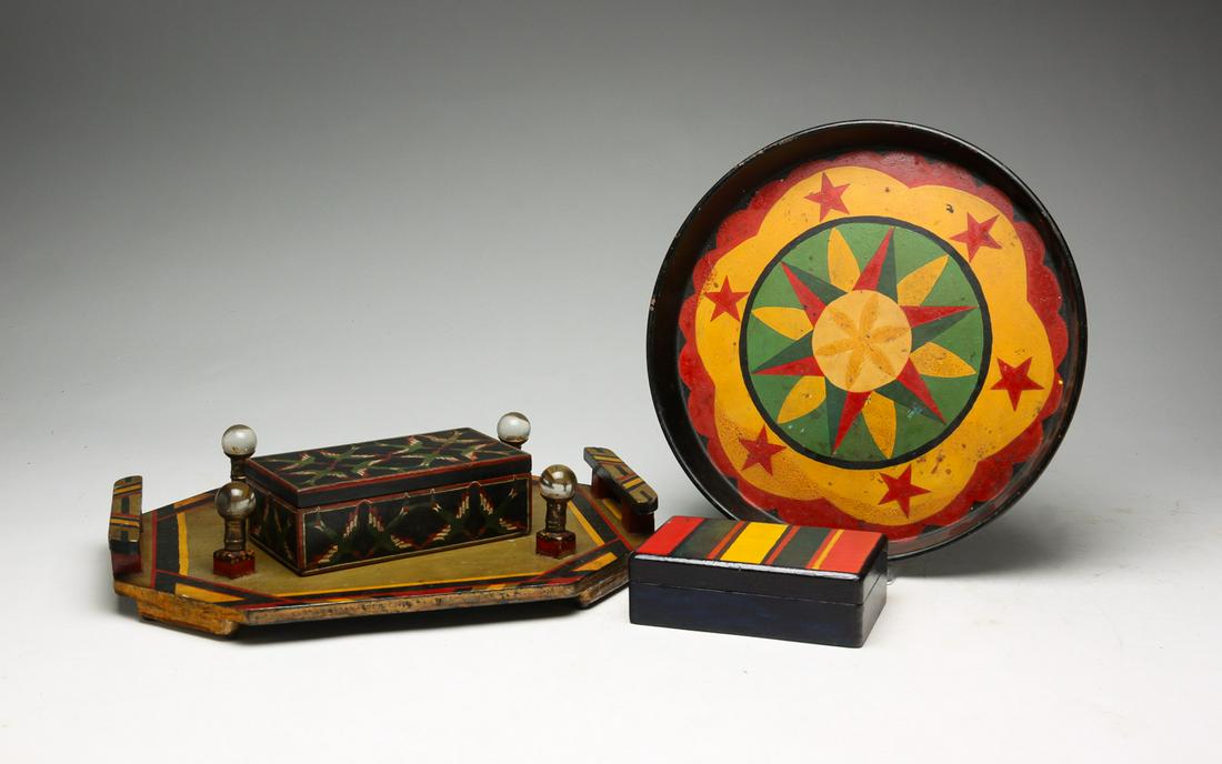 FOUR AMERICAN PAINTED BOXES AND TRAYS. (1 of 3)