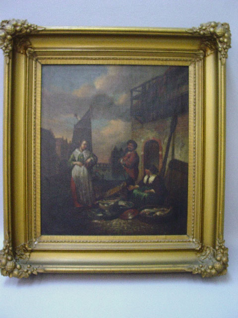 OIL ON CANVAS. Fishmongers on a cobblest