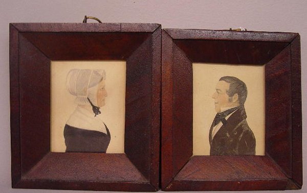 TWO MINIATURES ON PAPER. Husband and wif: TWO MINIATURES ON PAPER. Husband and wife in watercolor and pencil. She has an intricately tucked bonnet and bodice, he has a secret smile. Identified on the back as Margaret and John Alexander, N.Y.