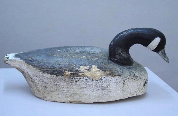 CANADIAN GOOSE DECOY. Worn black and whit