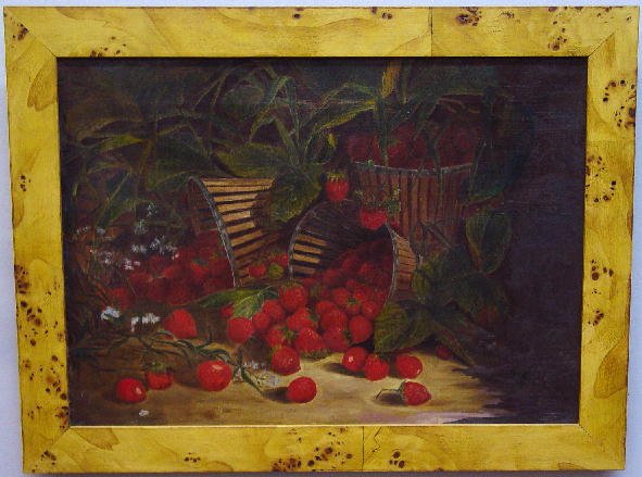 FRAMED OIL ON CANVAS STILL LIFE. In the: FRAMED OIL ON CANVAS STILL LIFE. In the manner of Levi Wells Prentice. Bright strawberries in small wooden staved baskets with foliage in an outdoor setting. Small hole with inpainting along the right