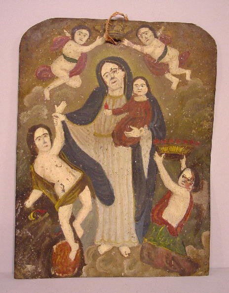 RETABLO. Naive painting on tin of the Vi: RETABLO. Naive painting on tin of the Virgin Mary as Queen of Heaven. Original paint has some wear and flaking. 13"h. 10"w.