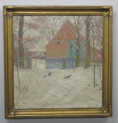OIL ON CANVAS PAINTING. By "Hans Jos. Becker-Lebe: OIL ON CANVAS PAINTING. By "Hans Jos. Becker-Leber" (German, born 1876). Half timbered red barn in the snow. Foreground of blue picket fence, snow covered trees and three pigeons. Signed in the lower