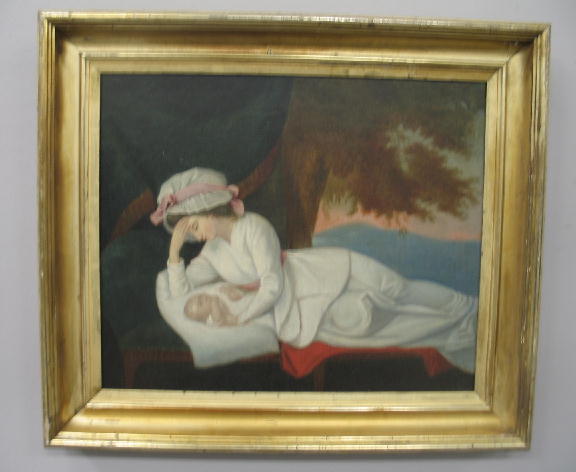 OIL ON CANVAS. Reclining woman in high waisted whi: OIL ON CANVAS. Reclining woman in high waisted white gown leans over infant. She is resting her mob cap covered head in one hand and cradling the child in the other. A blue drape covers one half of th
