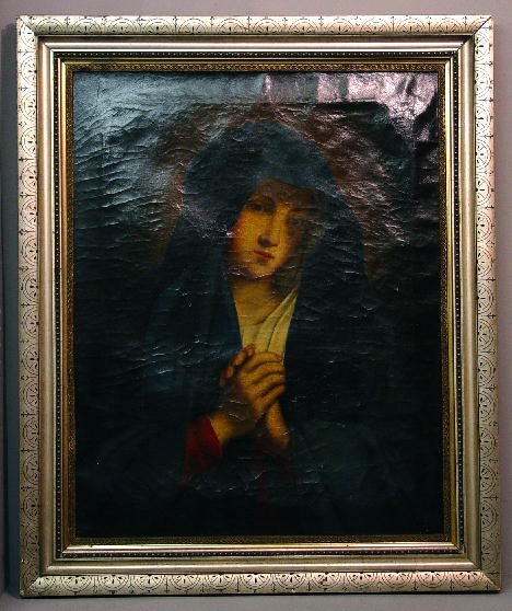 OIL ON CANVAS PAINTING. The Virgin Mary with clasp: OIL ON CANVAS PAINTING. The Virgin Mary with clasped hands, wearing a blue cloak. Signed on the back "G. Cherer, 6 North Bank, Regents Park". Revarnished with paint crazing and two areas of retouch, o