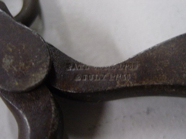 EARLY WROUGHT IRON HANDCUFFS. "Pat'd. Ju - 3