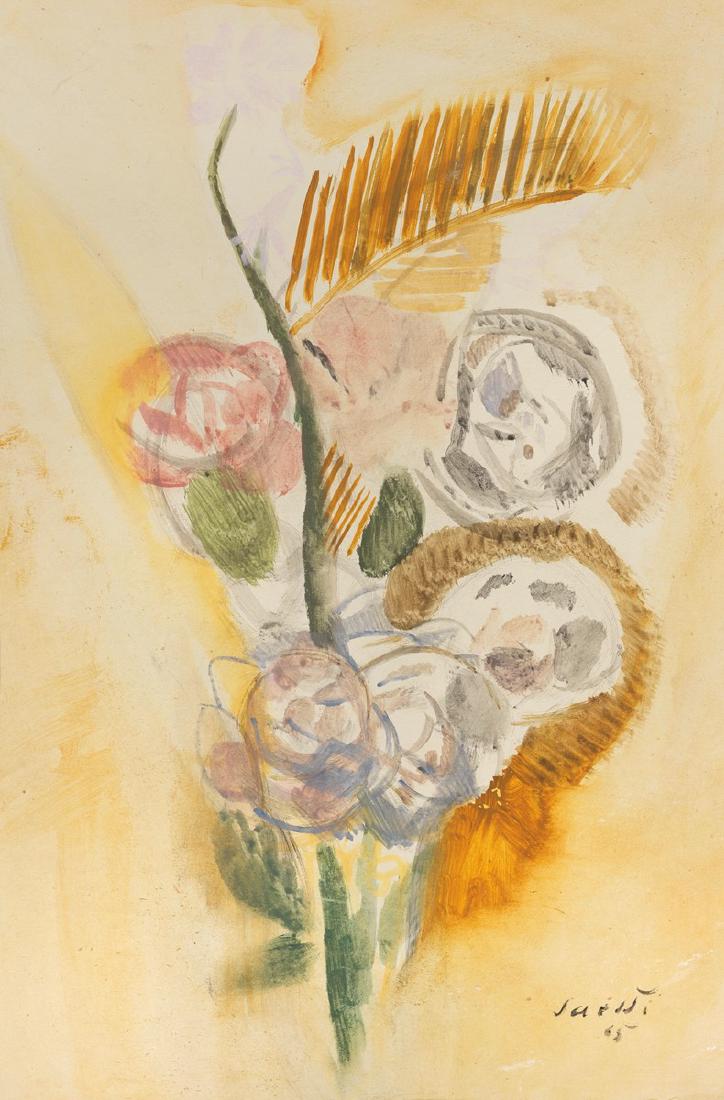 Bruno Saetti - Fiori: Bruno Saetti (Bologna 1902 - 1984) Fiori , 1965 Tecnica mista su carta applicata su faesite cm. 70,8x50 Firma e data in basso a destra: Saetti / 65. Al verso: etichetta "L'Approdo" Galleria d'Arte Mod