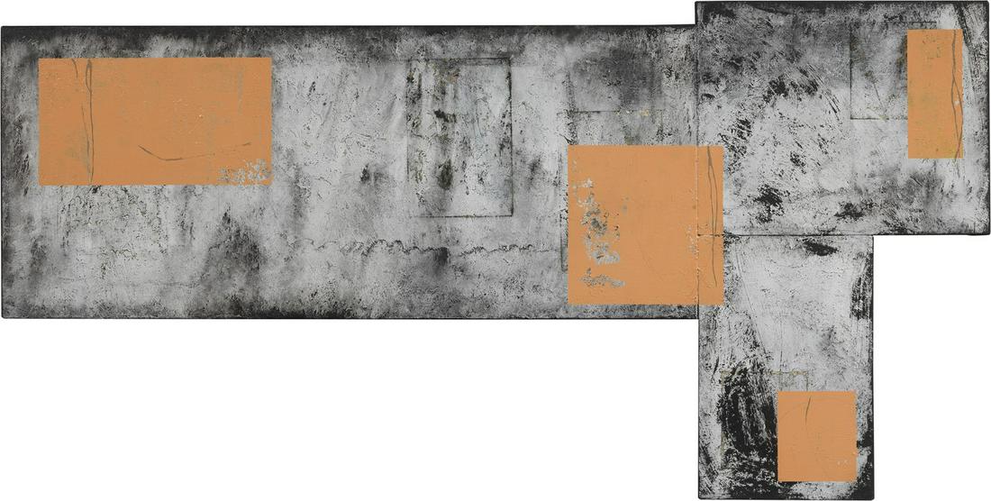 Roberto Floreani: Roberto Floreani (Venezia 1956) Sogno rigenera anima, 1990 Tecnica mista su tela sagomata cm. 85,5x170 Titolo, firma e data al verso sulla tela: "Sogno rigenera anima" / Floreani / 1990.