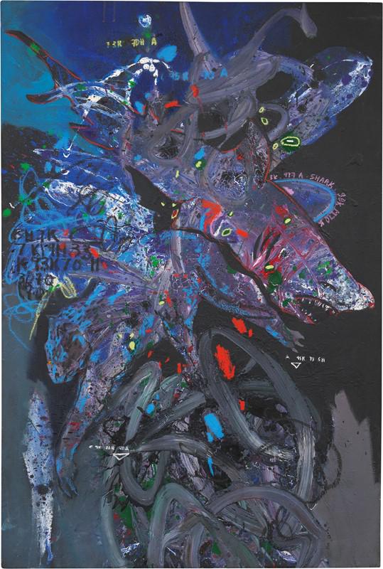 Soly Cissé: Soly Cissé (Dakar 1969) Shark, 2013 Acrilico su tela cm. 150x100 Firma e data in basso a destra: Soly / 2013.