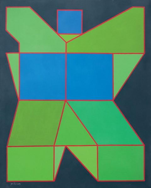 Achille Perilli: Tecnica mista su tela cm. 81,5x65 Firma e data in basso a sinistra: Achille Perilli 2009; firma, titolo e data al verso sulla tela: Achille Perilli / Il trio felice / 2009. Foto autenticata dall'artis