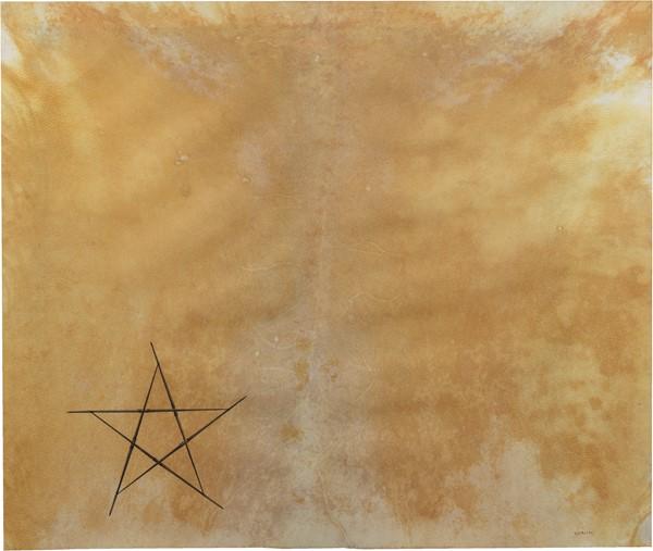 Gilberto Zorio: China su pelle pergamena cm. 63,5x75 Firma e data in basso a destra: G. Zorio 74. Due certificati su foto di Bruno Grossetti.