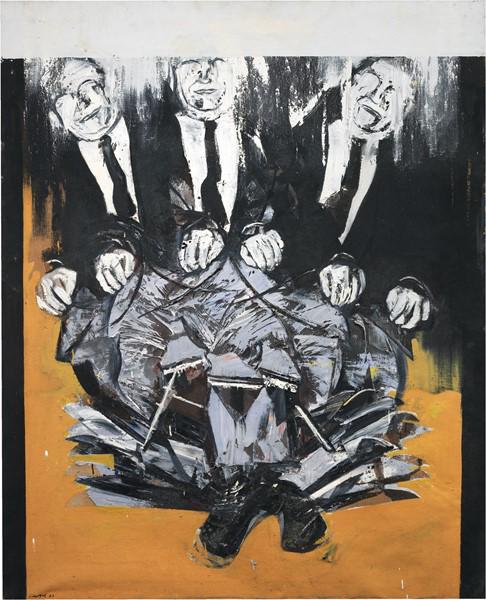 Rafael Canogar: Olio su tela cm. 162x130 Firma e data in basso a sinistra: Canogar 64; titolo, firma e data al verso sulla tela: El hombre / de la mecedora / Canogar / 1964: etichetta L'Attico Esse Arte, Roma, con n.