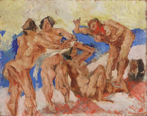 Fausto Pirandello (Roma 1899 - 1975): Bagnanti, 1948 Olio su tavola cm. 44,5x55 Firma in basso a destra: Pirandello. Al verso: etichetta con n. 3252 Gian Ferrari '900 italiano Arte Contemporanea, Milano: timbro Galleria Gian Ferrari, Mila