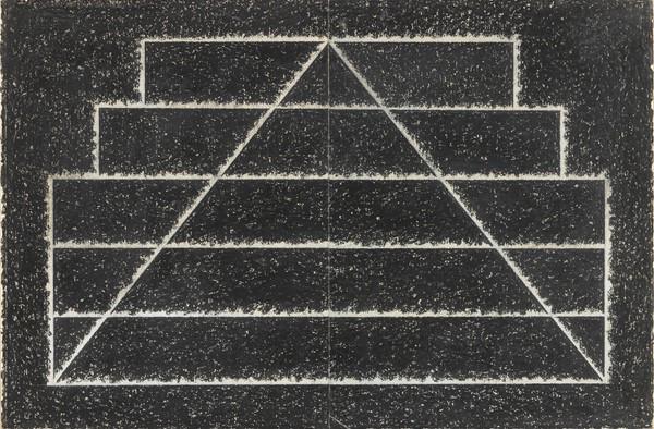 Paolo Cotani (Roma 1940 - 2011): Piramide (ciclo architetture) Pastelli a cera e tecnica mista su cartoncino applicato su tavola cm. 76x114 Due foto dell'artista con l'opera.