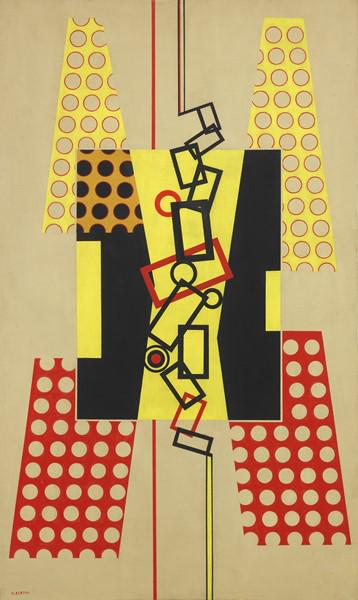 Gianni Bertini (Pisa 1922 - 2010): Composizione, 1950 Tempera su tavola cm. 99,7x60 Firma in basso a sinistra: G. Bertini; firma, titolo e data al verso: Bertini / Composizione / 1950. Storia Galleria Cardelli e Fontana, Sarzana; Colle