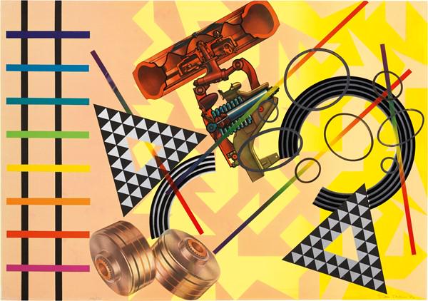 Peter Phillips (Birmingham 1939): Senza titolo, 1974 Litografia a colori e collage di inserti su tela, es. 116/250 cm. 70x100 Firma e data in basso a destra: Peter Phillips 74, tiratura in basso a sinistra: 116/250. Al verso sul telai