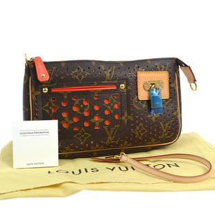 LOUIS VUITTON HAND BAG: Size: Small Bag Height: 5.1 Country/Region of Manufacture: Spain Style: Hand Bag Material: Monogram Perfo Canvas, Leather Pattern: Monogram Bag Depth: 1.6 Bag Length: 8.3 Color: Brown, Orange Closure: