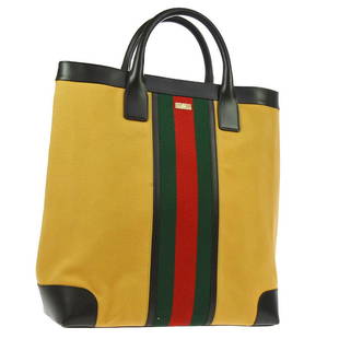 GUCCI HAND TOTE BAG: Size: Large Country/Region of Manufacture: Italy Style: Hand Tote Bag Depth: 5.5 Material: Canvas, Leather Width: 12.6 Color: Black, Brown, Red, Green Closure: Open Height: 14.2 Brand: Gucci All Bidha