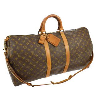 LOUIS VUITTON KEEPALL 55 TRAVEL BAG: Brand: Louis VuittonStyle: Travel Hand BagMaterial: Monogram Canvas, LeatherColor: BrownSize: Extra Large Width: 21.6 Height: 12.2 Depth: 9.6Country of Origin: NAComes With: NAAll