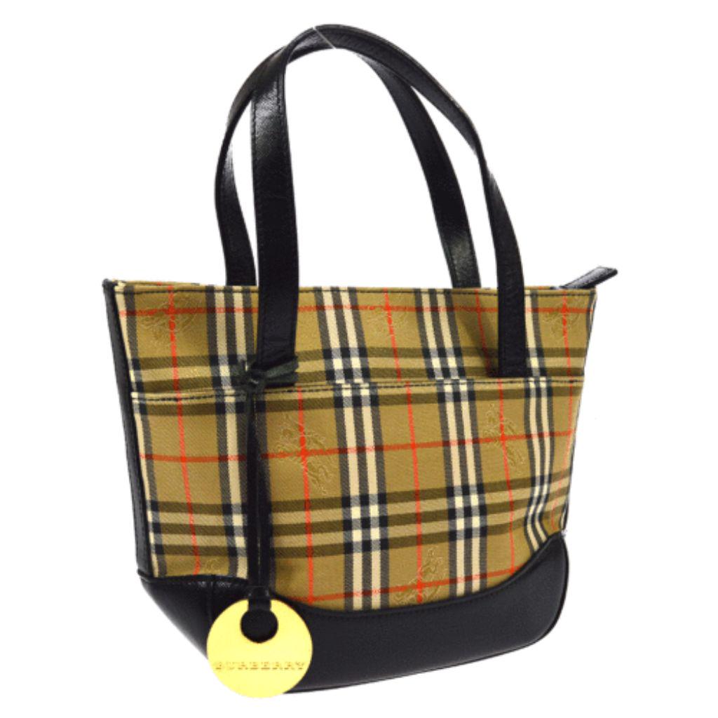 BURBERRY Hand Bag: Brand: BURBERRY Style: Hand Bag Material: Coating Leather, Canvas Color: Beige, Black etc Size: Medium Width: 6.7 Height: 7.1 Depth: 3.1 Country of Origin: NA Comes With: NA All Bidhaus ite