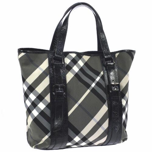 BURBERRY Hand Tote Bag: Brand: BURBERRY Style: Hand Tote Bag Material: Nylon, Patent Leather Color: Black, Gray, White Size: Medium Width: 13.2 Height: 13.4 Depth: 4.3 Country of Origin: NA Comes With: NA