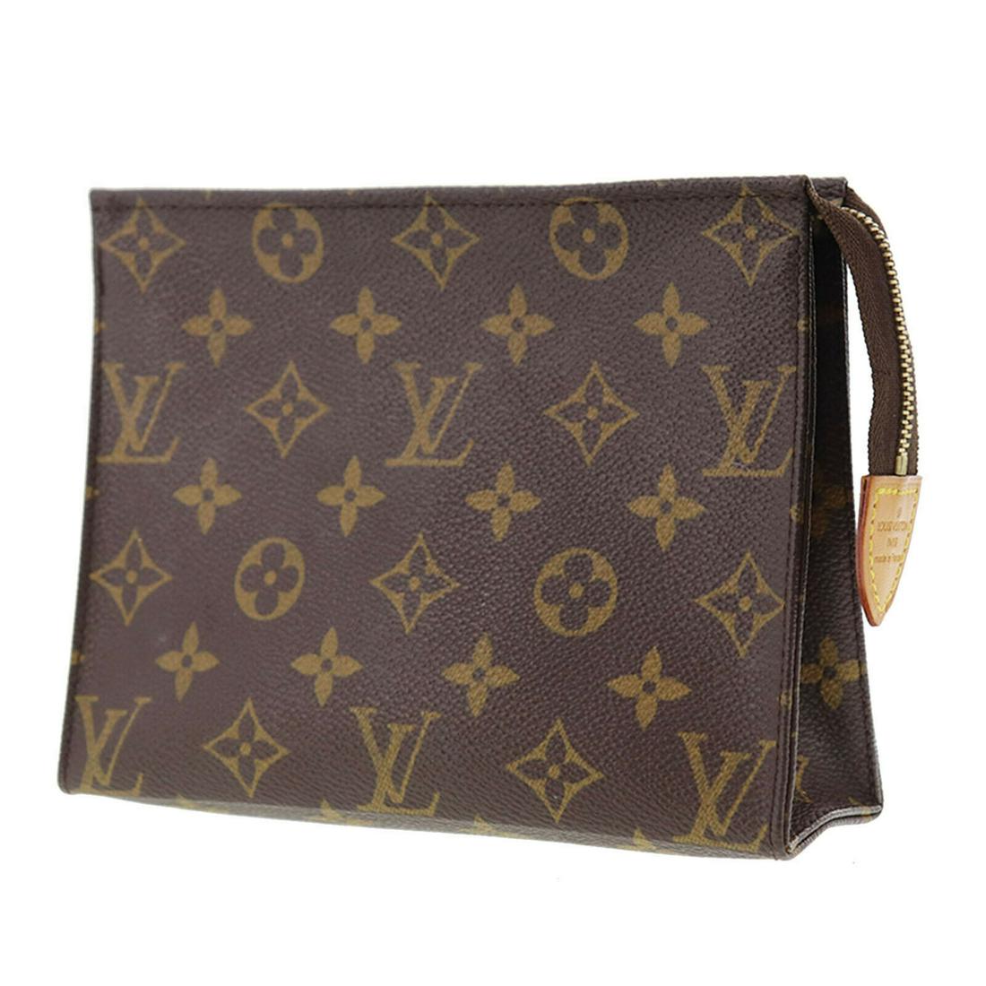 Authentic Louis Vuitton Monogram Canvas Leather Pouch: Brand: Louis Vuitton Style: Pouch Material: Monogram Canvas Leather Color: Brown Size: 19 Country of Origin: France All Bidhaus items come with a 100% money-back authenticity guarantee. Please refer t