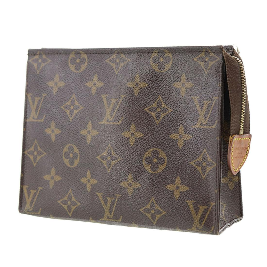 Authentic Louis Vuitton Monogram Canvas Leather Pouch: Brand: Louis Vuitton Style: Pouch Material: Monogram Canvas Leather Color: Brown Size: 19 Country of Origin: France All Bidhaus items come with a 100% money-back authenticity guarantee. Please refer t