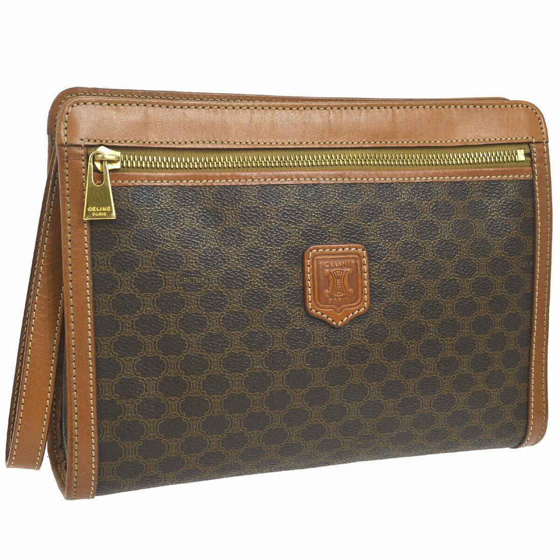 Authentic CELINE PVC, Leather Clutch: Brand: CELINE Material: PVC, Leather Style: Clutch Color: Brown Size(inch): W9.8 x H7.1 x D2.2 " Country of Origin: Italy All Bidhaus items come with a 100% money-back authenticity guarantee. Please r