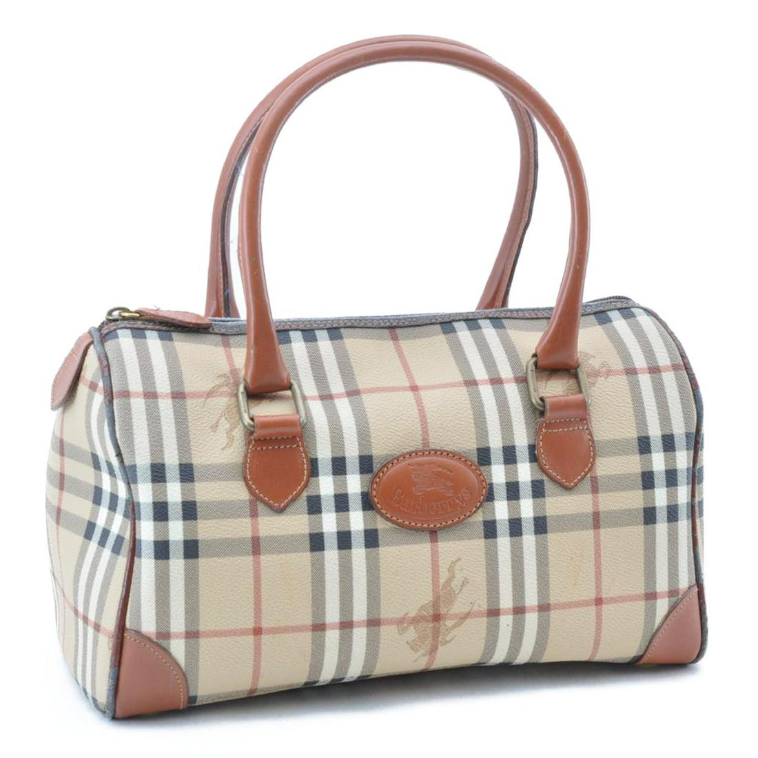 BURBERRYS Nova Check Leather Hand Bag: Brand: BURBERRYS Style: Hand Bag Material: PVC Leather Color: Beige Size (Inches): W12.2 x H7.08 x D5.11inch(Approx) Exterior Condition: PVC Leather : lose shape, rubbing, dirt Leather : rubbing, dirt