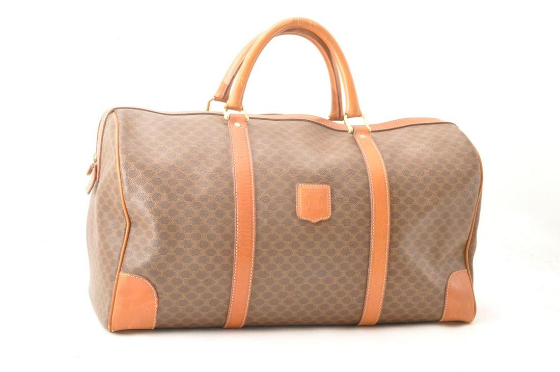 CELINE Macadam Boston Bag: Brand: CELINE Style: Boston Bag Material: Macadam Canvas Color: Brown Size (Inches): W19.68 x H9.84 x D8.26inch(Approx) Exterior Condition: Macadam Canvas : lose shape, partly dirt, rubbing Leather :