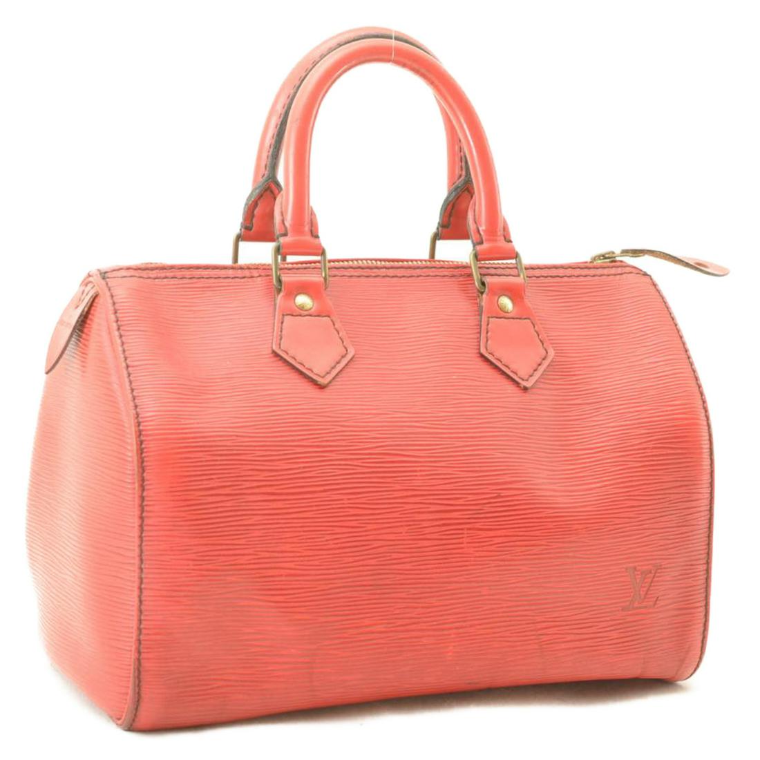 Authentic LOUIS VUITTON Epi Speedy 25 Hand Bag: Brand: LOUIS VUITTON Material: Epi Leather Style: Hand Bag Color: Red Size(inch): W10.5 x H7.5 x D5.5â€³(Approx) Country of Origin: France Accessory: There is no item box and dust bag. We will sen
