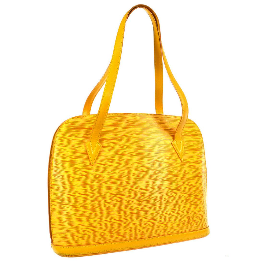 Authentic LOUIS VUITTON Epi Tote Bag: Brand: LOUIS VUITTON Material: Epi Leather, Leather Style: Shoulder Tote Bag Color: Yellow Size(inch): W15.0 x H11.8 x D4.7 " / Strap Drop: 9.8 Country of Origin: France Come with: Dust Bag All Bidhau