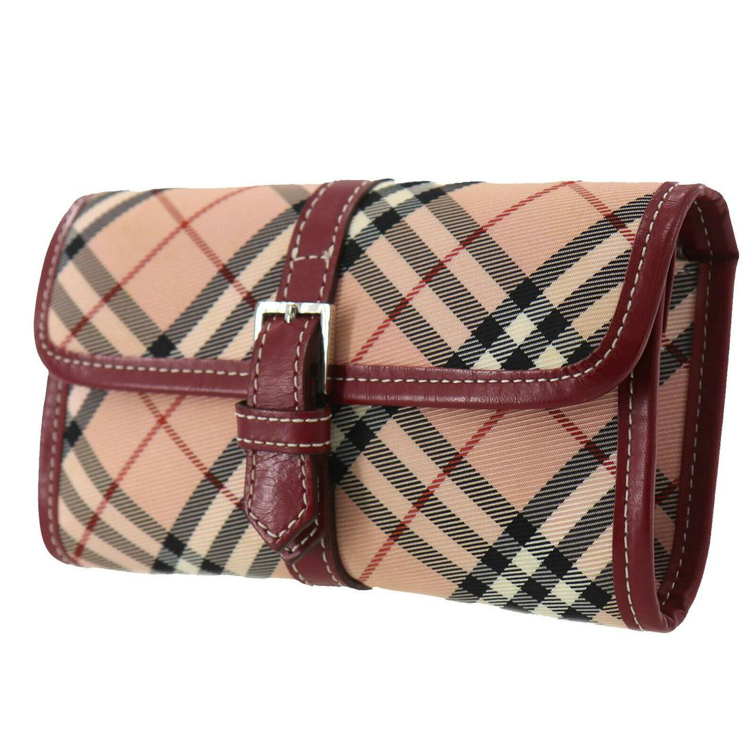 Authentic BURBERRY 3Way Shoulder Clutch: Brand: Burberrys Material: Nylon Style: Waist Bag Color: Red Pink Size(Inch): H 3.9 x D 1.2 x L 7.0 Shoulder Strap : 45.2 Strap(Bum Bag) : 27.5-31.5 Country of Origin: Japan Come with: Strap All Bidha