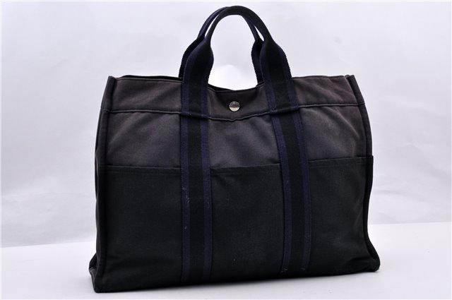 Authentic HERMES Fourre Tout MM Hand Tote: Brand: HERMES Material: Canvas Style: Hand Bag Color: Navy Size(inch): W16.5 x H11.8 x D3.9" / Handle Drop 3.5"(Approx) Country of Origin: France Accessory: There is no ItemBox and DustBag.We will sen