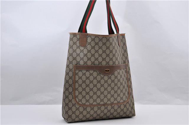 Authentic GUCCI Web Sherry Line Shoulder Tote Bag: Brand: GUCCI Material: PVC Style: Tote Bag Color: Brown Size(inch): W12.2 x H14.6 x D3.3" / Handle Drop 10.6"(Approx) Country of Origin: Italy Accessory: There is no ItemBox and DustBag.We will send o