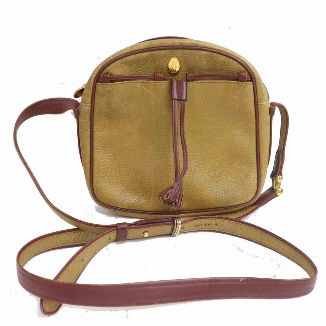 Authentic CARTIER Leather Shoulder Bag: Brand: CARTIER Material: Leather Style: Shoulder Bag Color: Light Brown Size(inch): W7.48 inch(approx) /19 cm(approx) x H7.08 inch(approx) /18 cm(approx) x D1.96 inch(approx) /5 cm(approx) " / Strap D