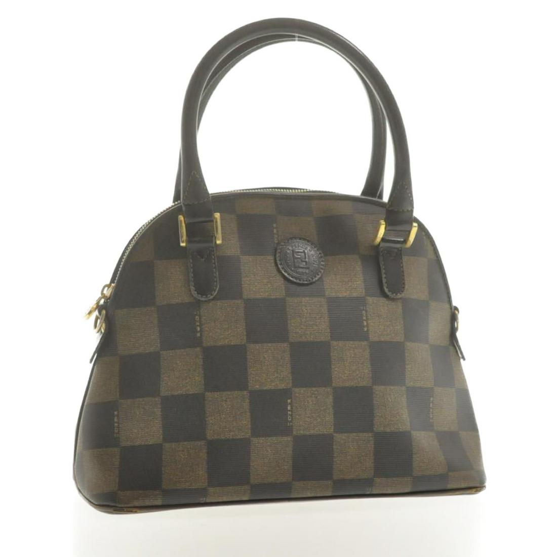 Authentic Fendi Pequin Pvc Leather Hand Bag: Brand: Fendi Style: Hand Bag Material: Pvc Leather Color: Khaki Size (Inches): W11.02 X H9.05 X D5.11Inch(Approx) Exterior Condition: Pvc Leather : Loose Shape, Minor Rubbing, Signs Of AgingLeather :