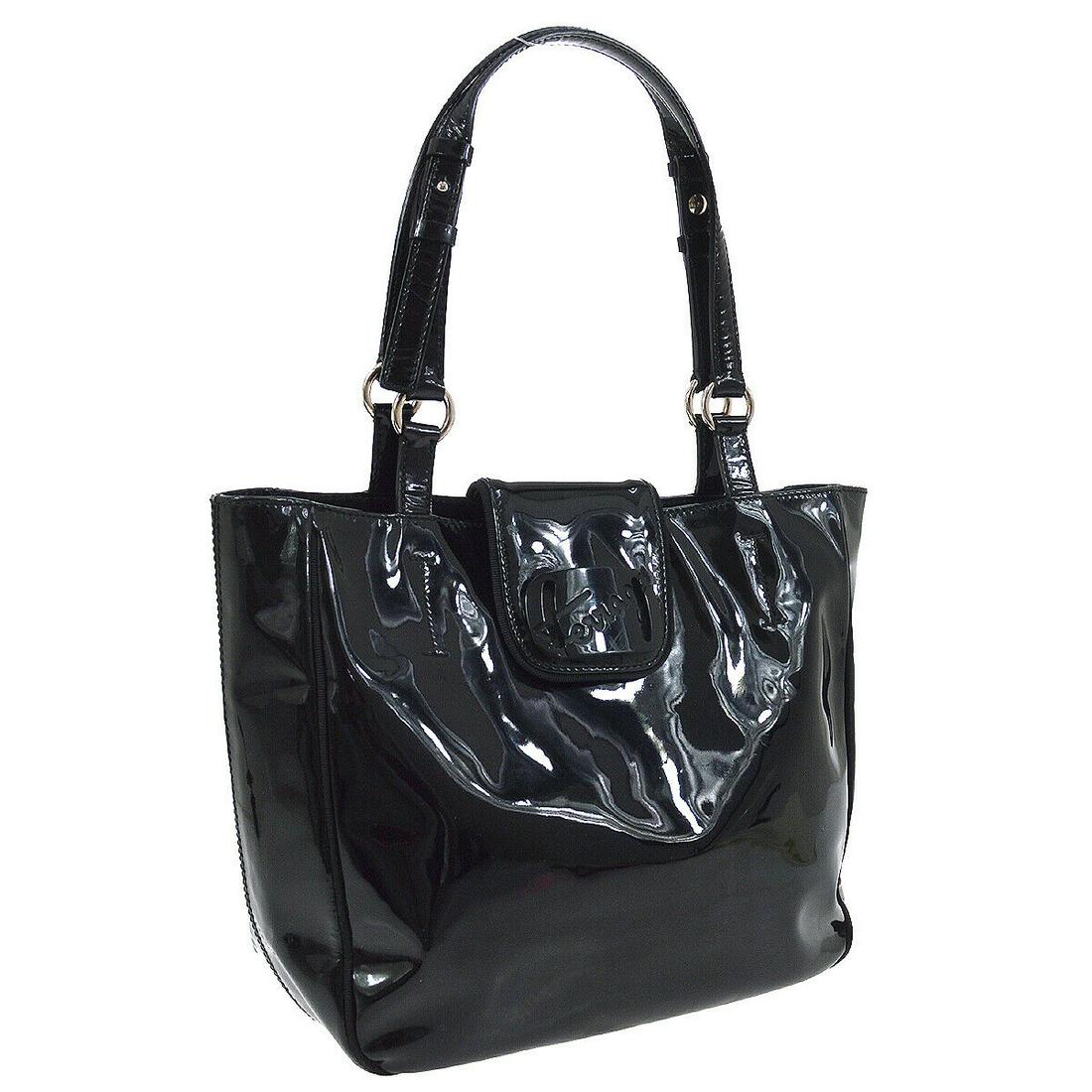 Authentic SALVATORE FERRAGAMO Logos Hand Bag: Brand: SALVATORE FERRAGAMO Material: Patent Leather Style: Hand Bag Color: Black Size(inch): W9.1 x H8.7 x D4.3 " / Strap Drop: 7.5 Country of Origin: Italy Come with: - All Bidhaus items come with a