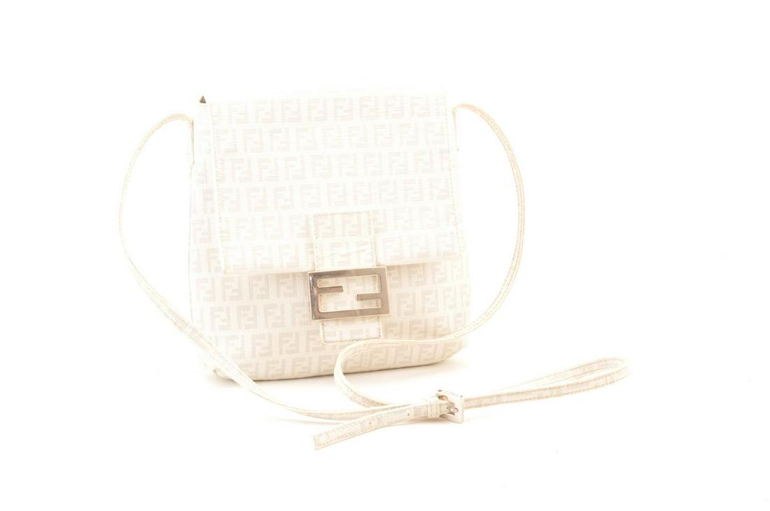 Authentic FENDI Zucchino Canvas Shoulder Bag: Brand: FENDI Material: PVC Leather Style: Shoulder Bag Color: White Size(inch): W7.87 x H8.26 x D1.57inch / Shoulder Drop 21.65inch(Approx) Country of Origin: Italy Accessory: There is no item box and