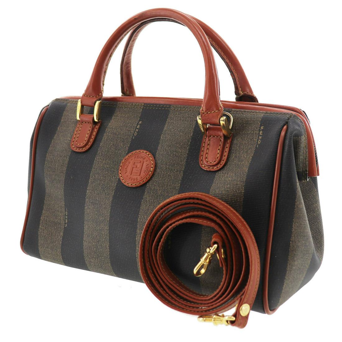 Authentic FENDI Pequin Stripe Boston Hand Bag: Brand: Fendi Material: PVC Leather Style: Boston Bag Color: Brown Black Size(Inch): H 6.2 x D 4.3 x L 9.4 Handle. 11.4 Shoulder.50.3 Country of Origin: Italy Come with: Shoulder Strap. All Bidhaus ite