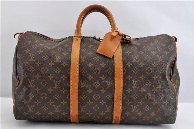 Authentic LOUIS VUITTON Monogram Keepall 50: Brand: LOUIS VUITTON Material: Monogram Canvas Style: Boston bag Color: Brown Size(inch): W19.5 x H10 x D8.5"/Handle Drop 3.9"(Approx) Country of Origin: France Accessory: There is no Padlock and Dust